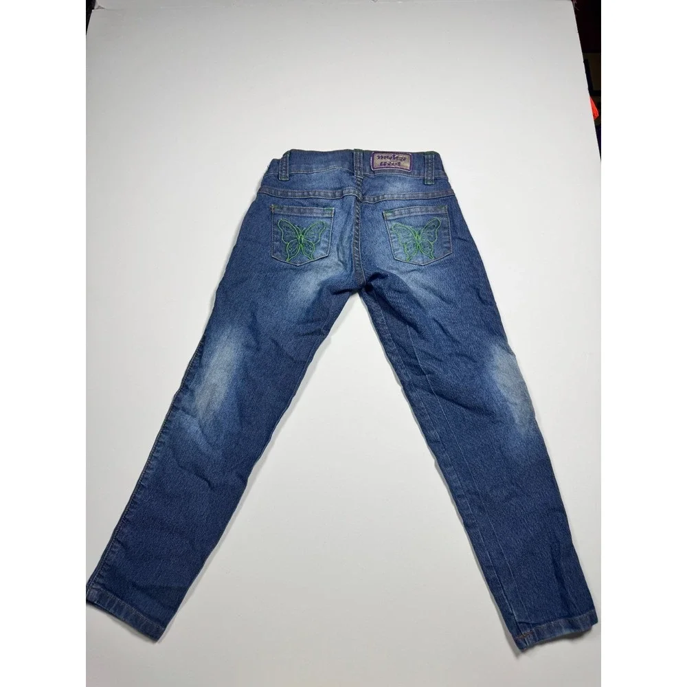 Meky Girl America Reyes Jeans Girls‎ 4 Blue Denim Cotton Embroidered Butterfly
